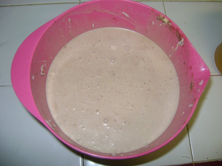 Cream, milk, coconut, egg, plops of banana/chocolate cream, and banana