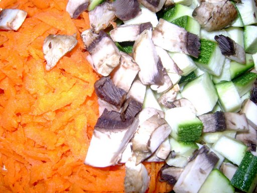 One-two (depending on the size) shredded carrots, a few diced mushrooms, and two small-ish zucchinis.